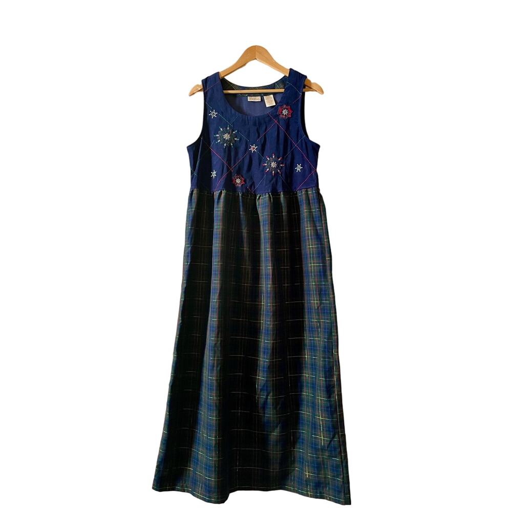 Vintage 90s/Y2K Christmas Winter Dress Snowflakes Plaid Women's Medium 8/10